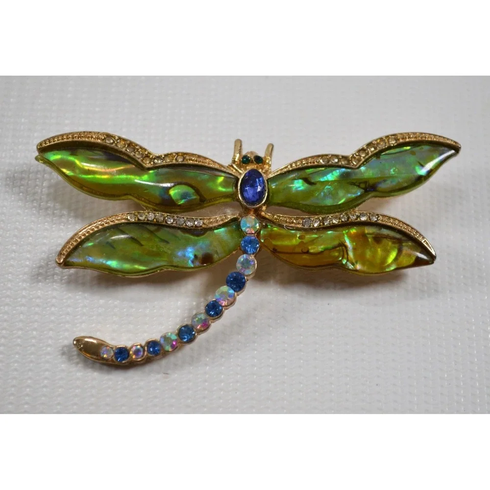 Vintage Kenneth‎ Cole Dragonfly Brooch / Pin Abalone & Rhinestones 2.75